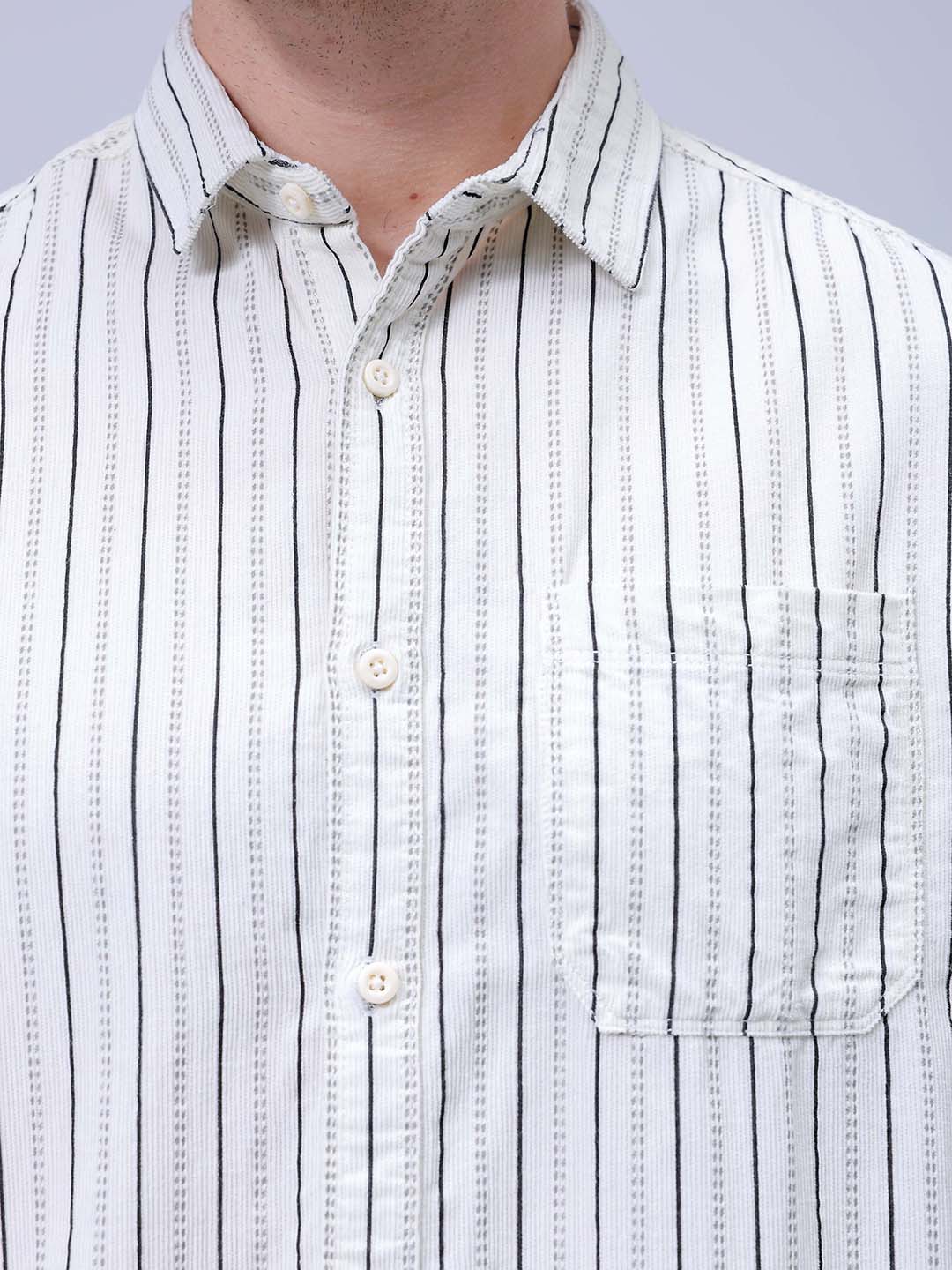 Men's Cream Regular Fit Striped Corduroy Casual Overshirt