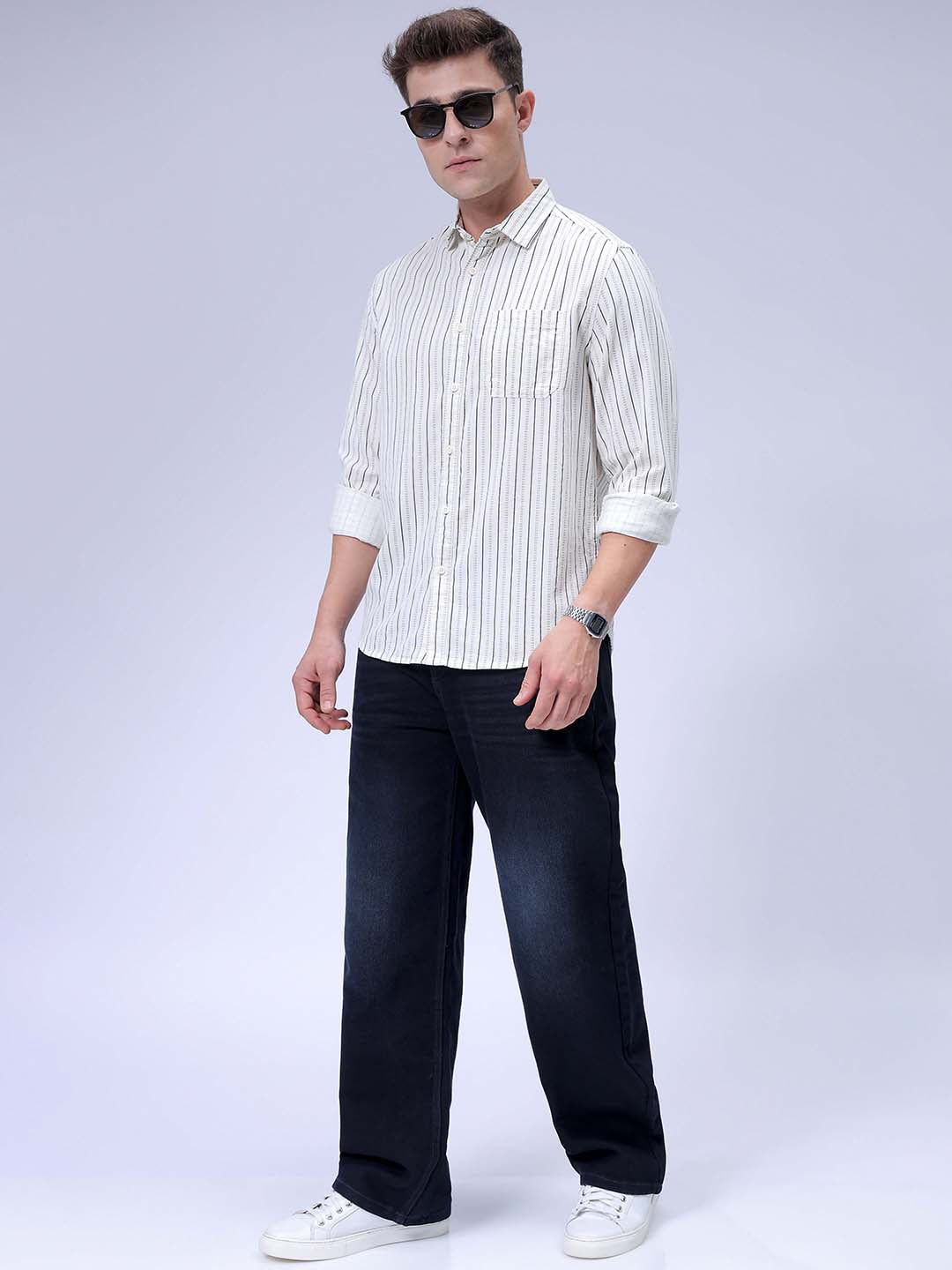 Men's Cream Regular Fit Striped Corduroy Casual Overshirt