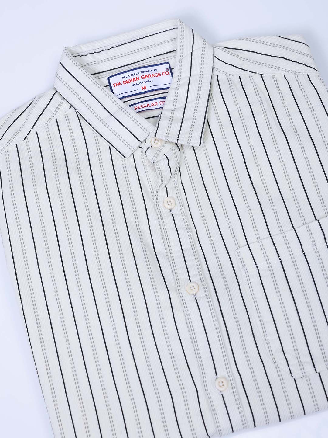 Men's Cream Regular Fit Striped Corduroy Casual Overshirt