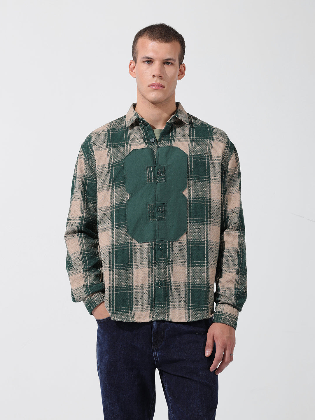 Men's Green Relaxed Fit Checked Resort Wear Shirt