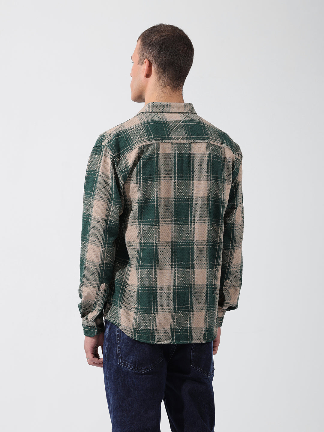Men's Green Relaxed Fit Checked Resort Wear Shirt