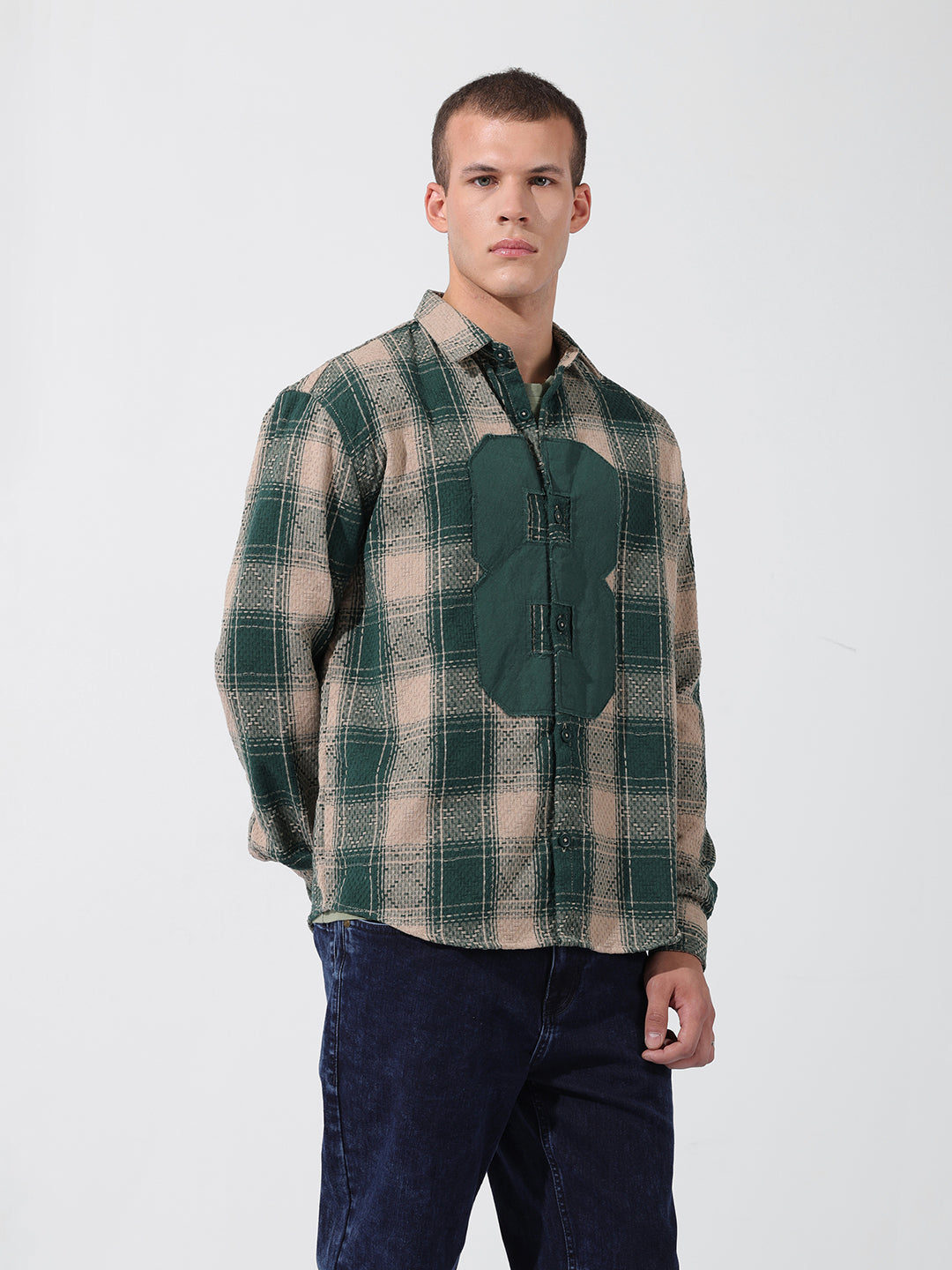 Men's Green Relaxed Fit Checked Resort Wear Shirt