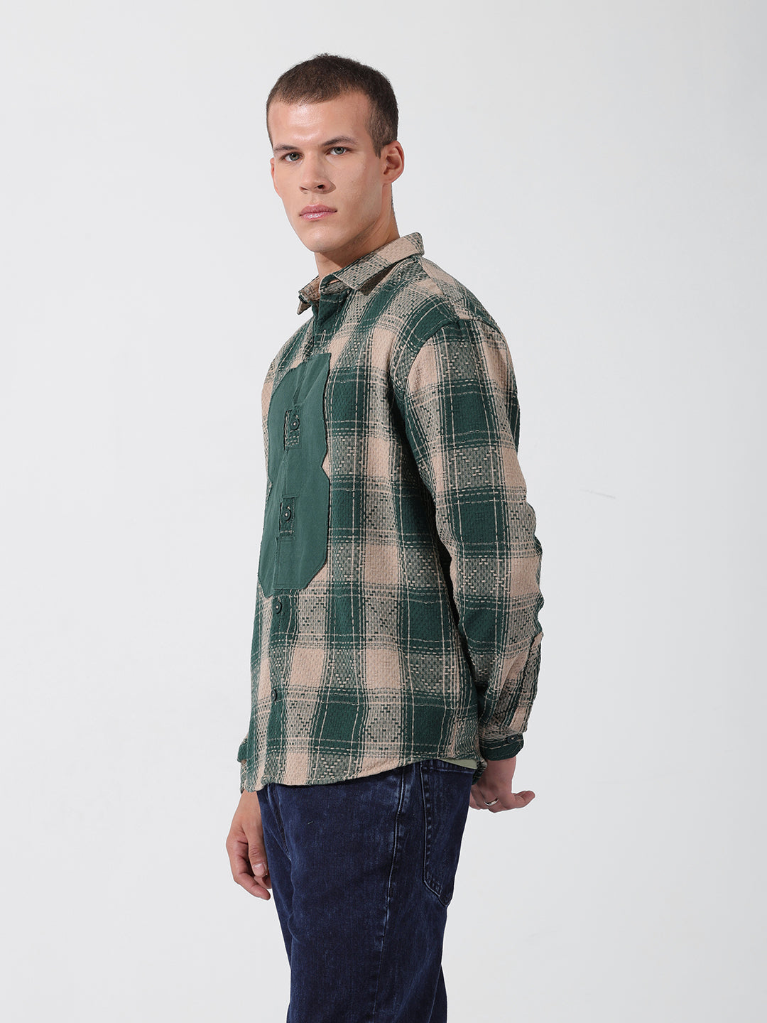 Men's Green Relaxed Fit Checked Resort Wear Shirt