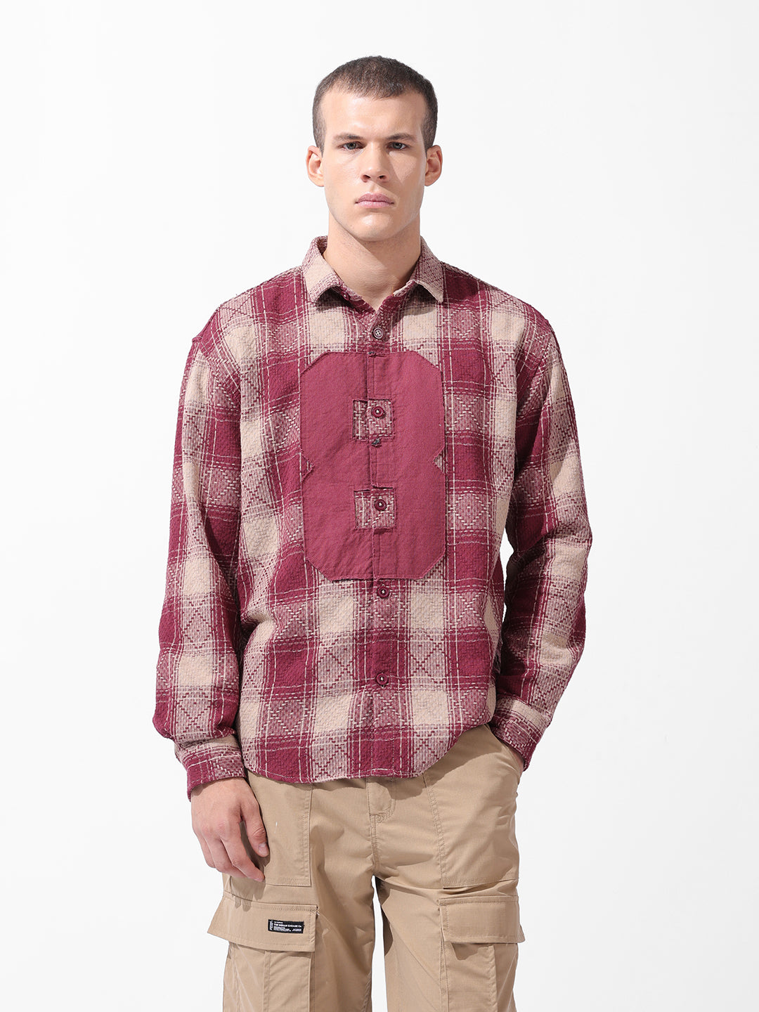 Men's Maroon Relaxed Fit Checked Resort Wear Shirt