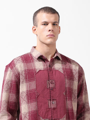 Men's Maroon Relaxed Fit Checked Resort Wear Shirt