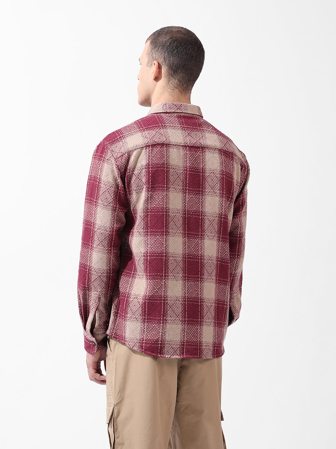 Men's Maroon Relaxed Fit Checked Resort Wear Shirt