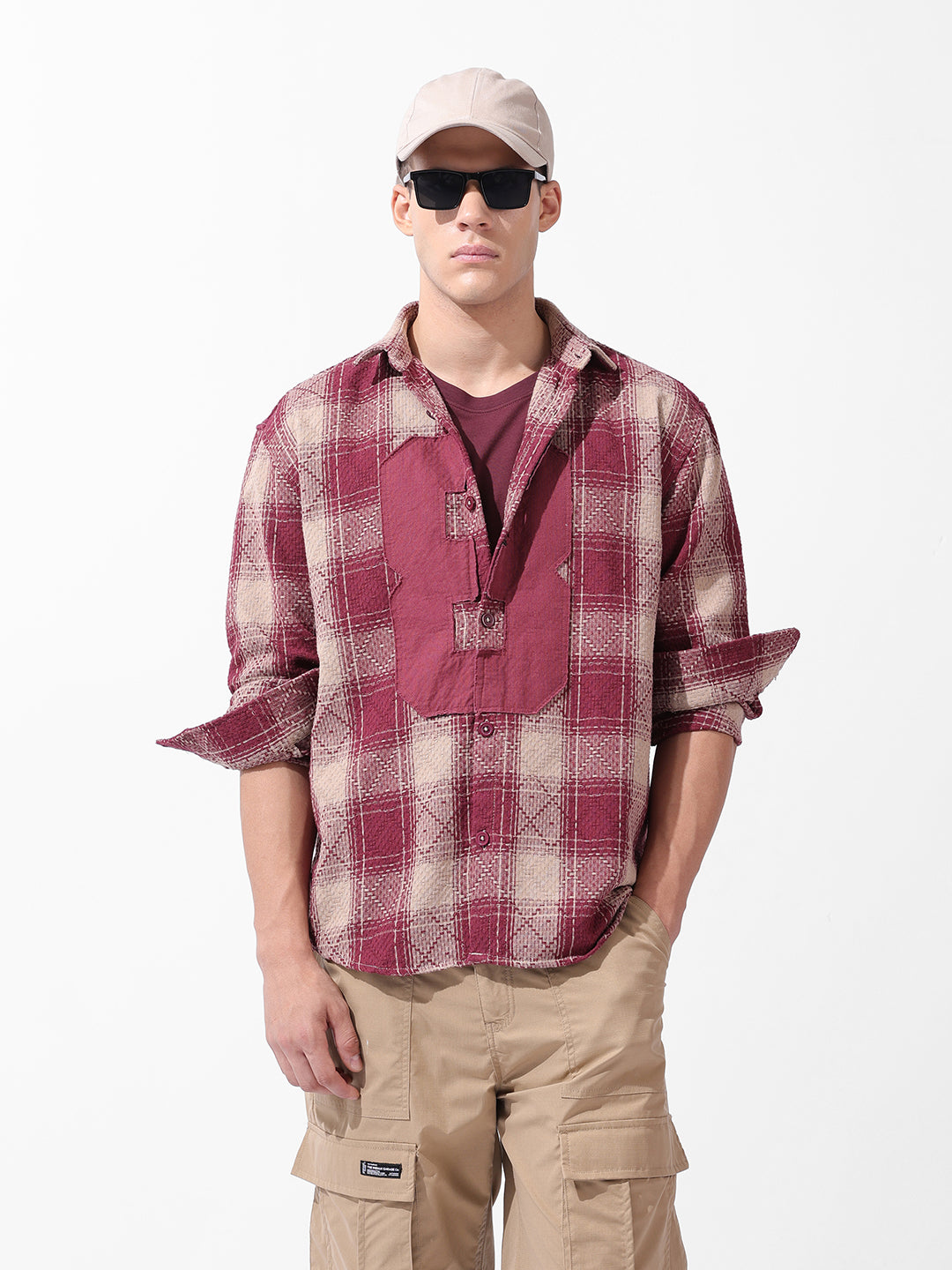 Men's Maroon Relaxed Fit Checked Resort Wear Shirt