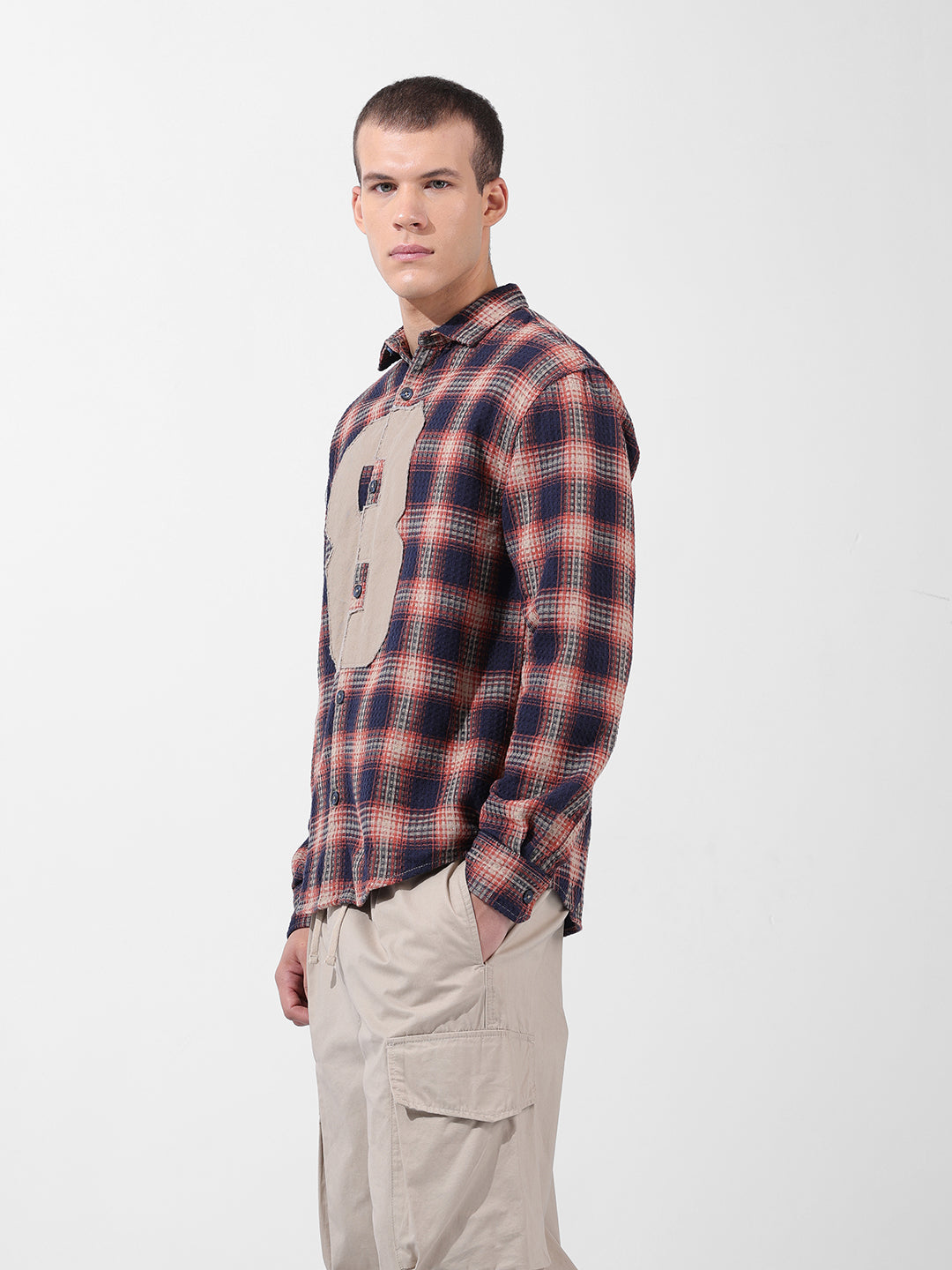 Men's Navy Blue Relaxed Fit Checked Resort Wear Shirt