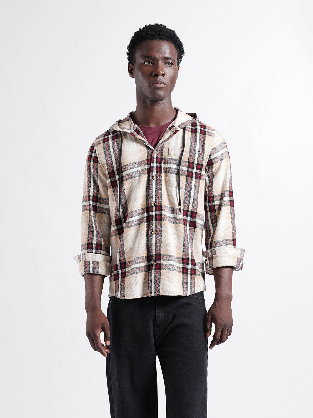 Men's Beige Regular Fit Checked Casual Shirt