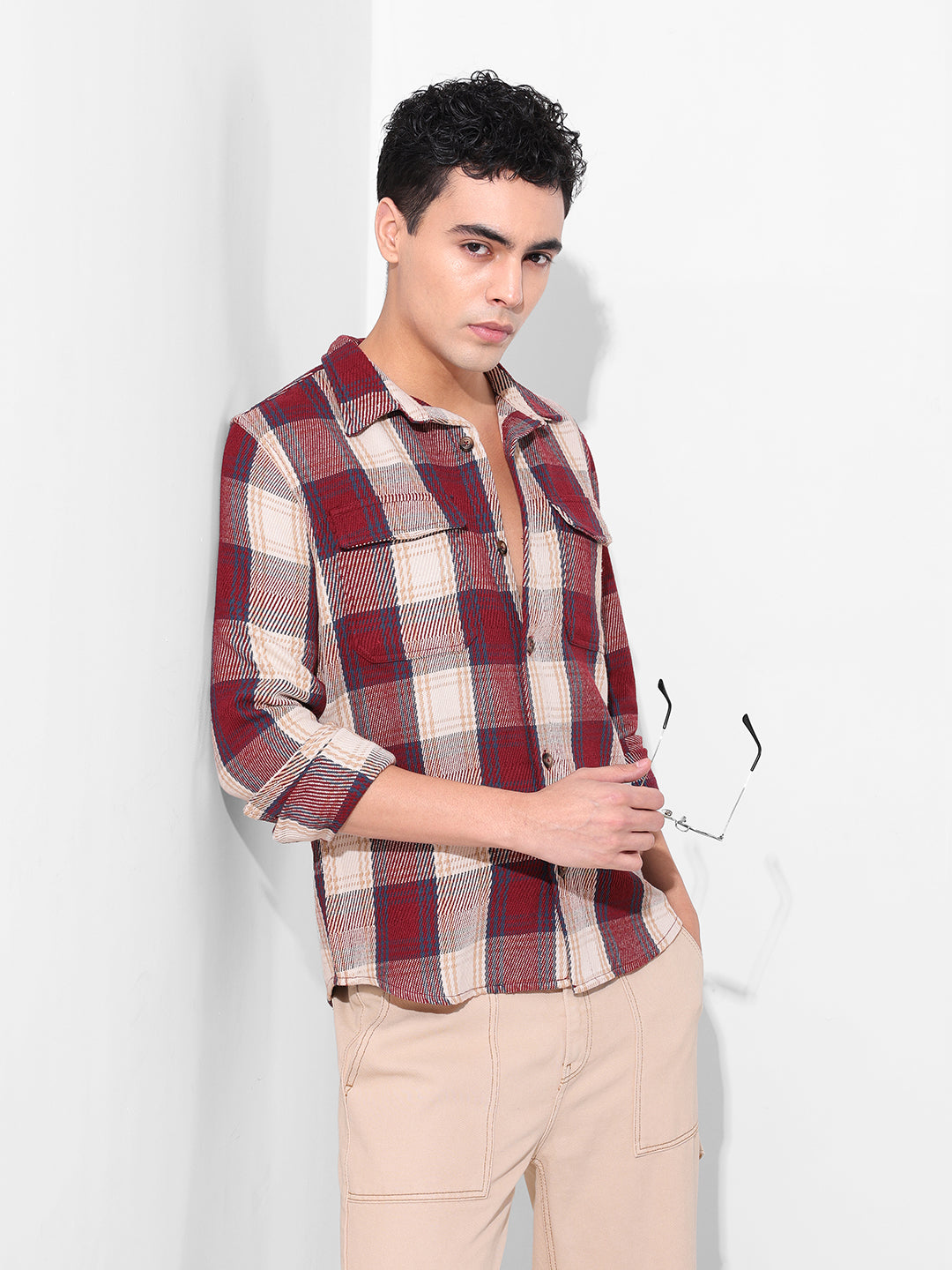 Men's Maroon Regular Fit Checked Casual Shirt