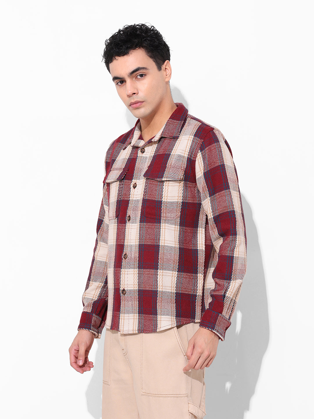 Men's Maroon Regular Fit Checked Casual Shirt