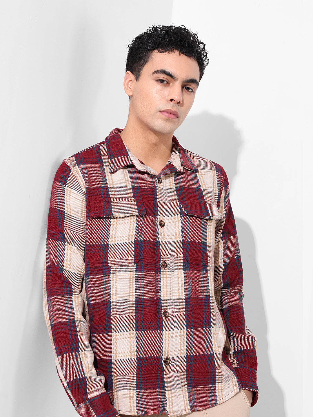 Men's Maroon Regular Fit Checked Casual Shirt