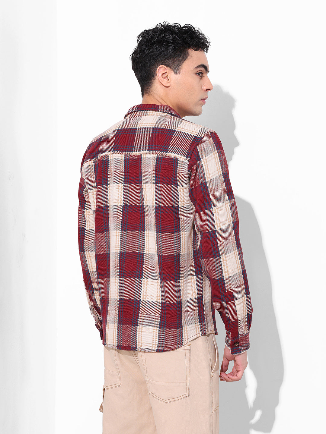 Men's Maroon Regular Fit Checked Casual Shirt