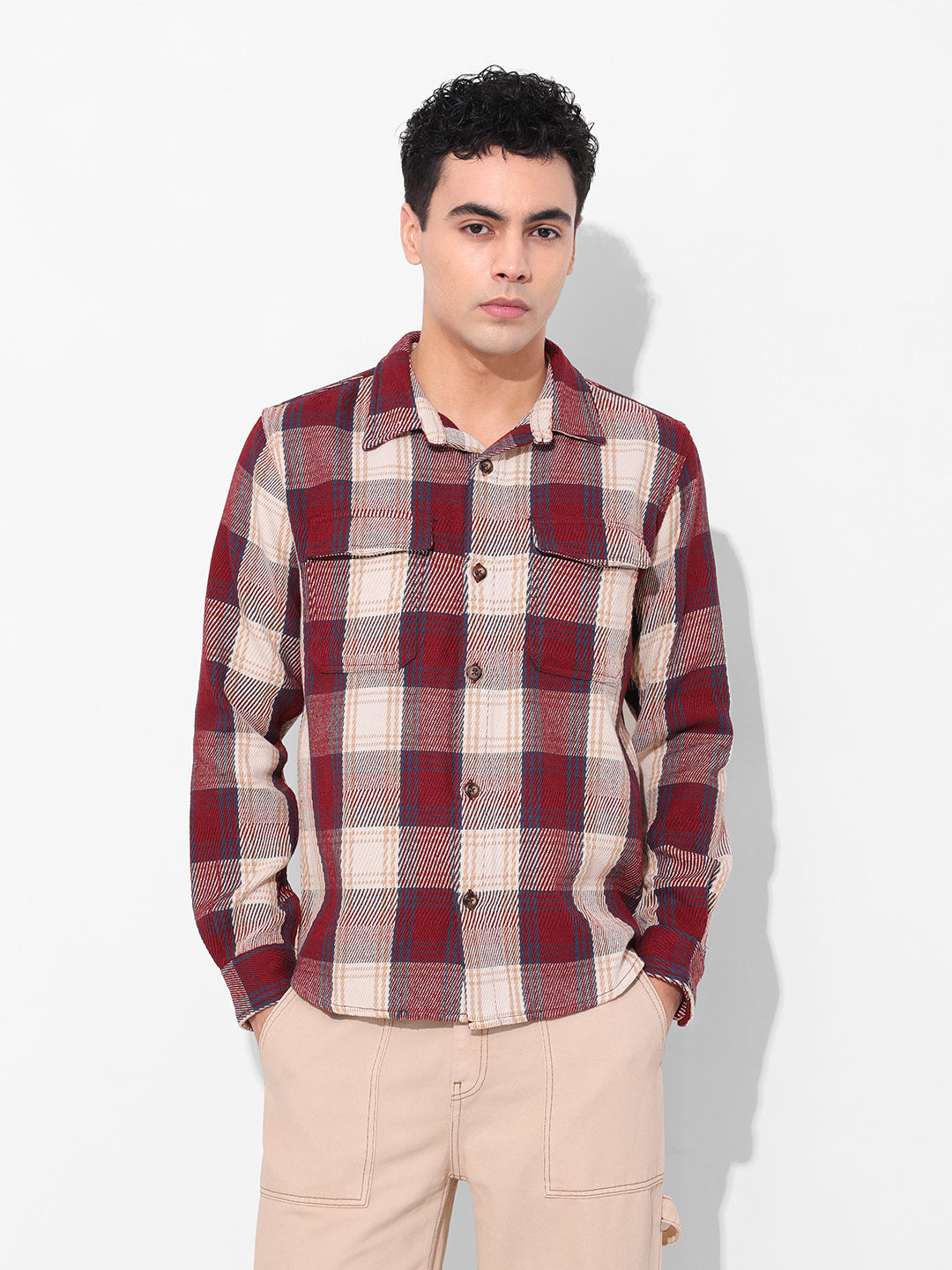 Men's Maroon Regular Fit Checked Casual Shirt