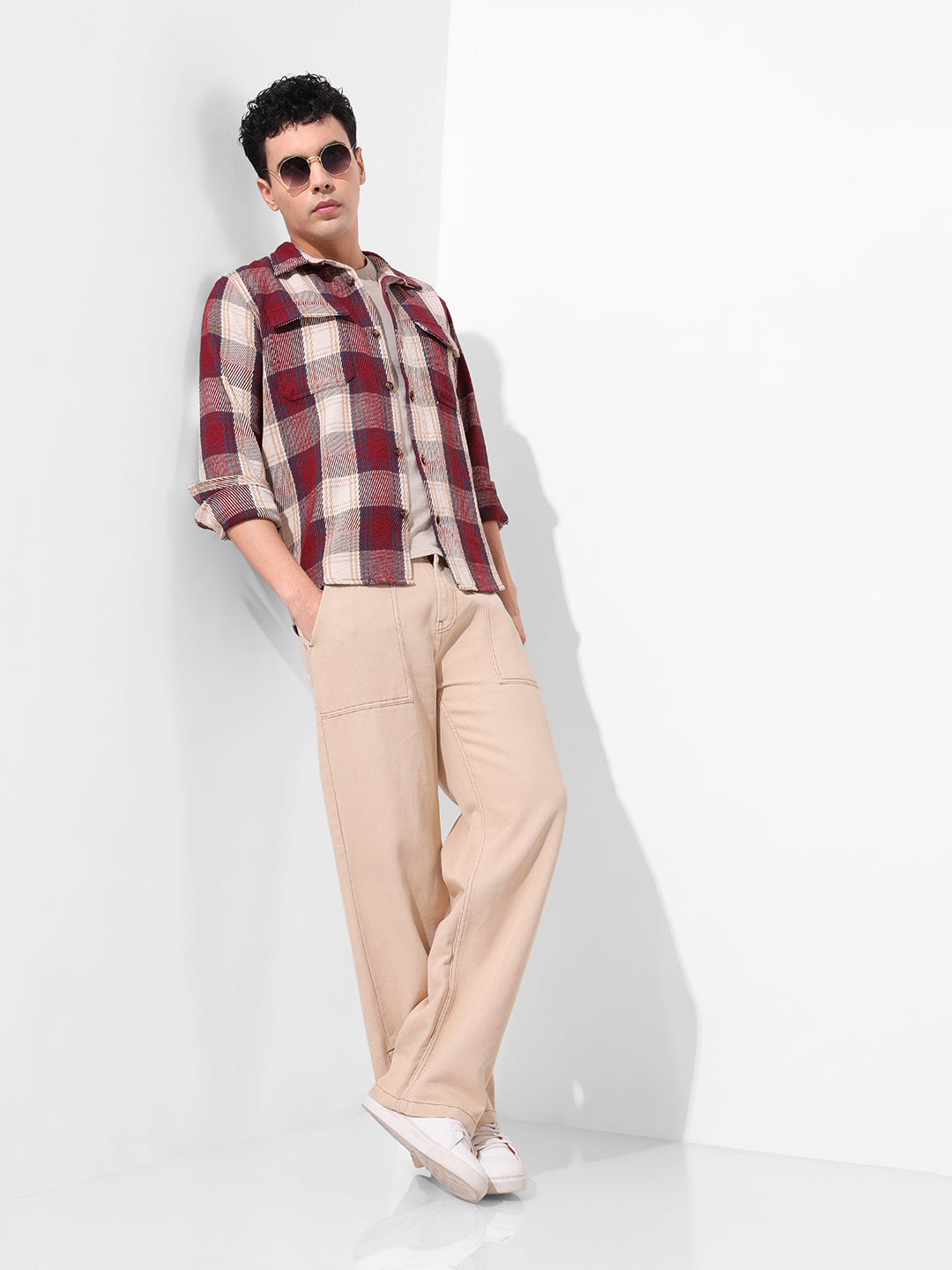 Men's Maroon Regular Fit Checked Casual Shirt