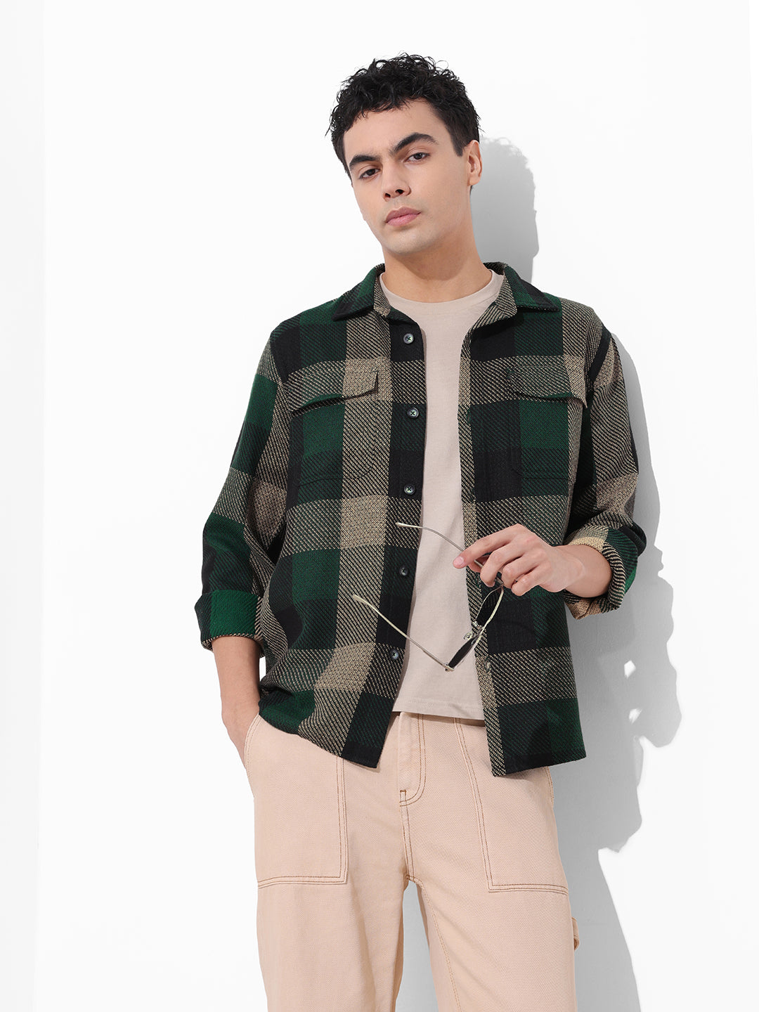 Men's Green Regular Fit Checked Casual Shirt