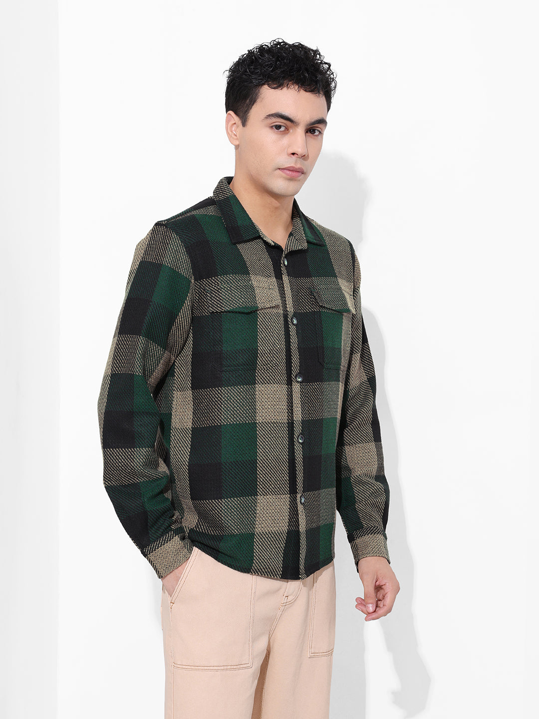 Men's Green Regular Fit Checked Casual Shirt