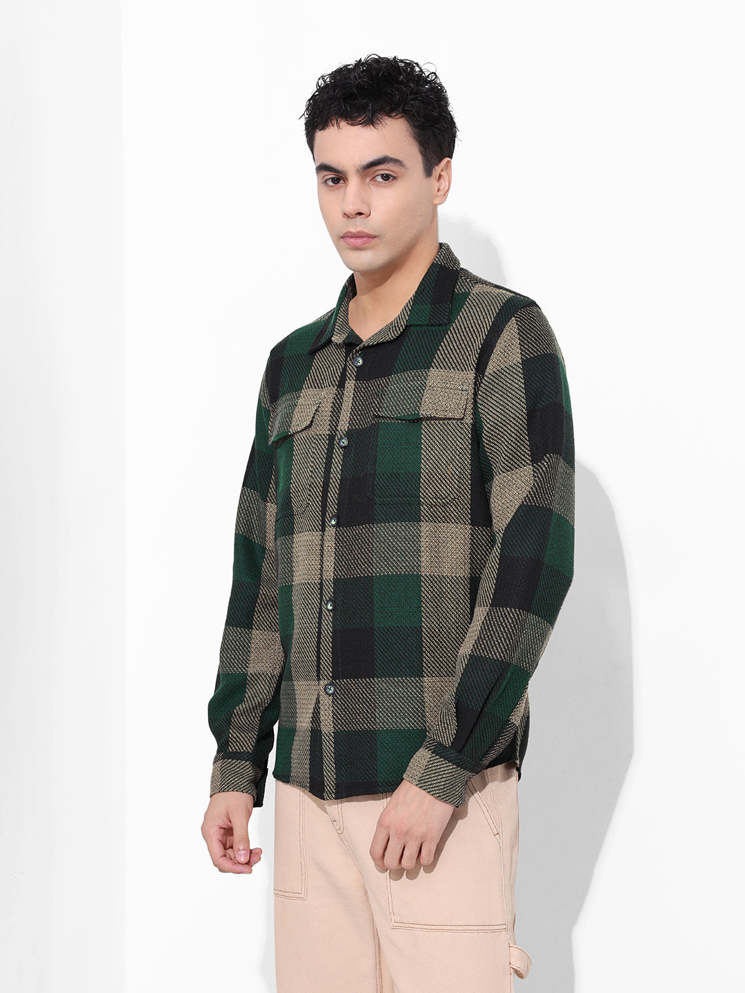 Men's Green Regular Fit Checked Casual Shirt