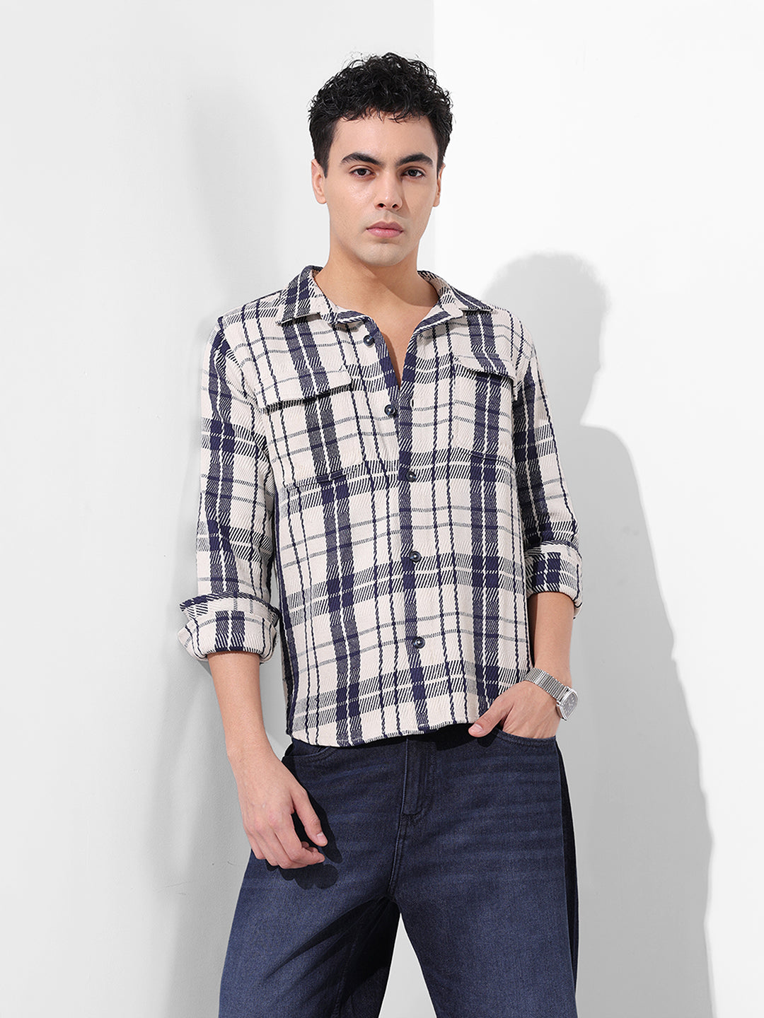 Men's Navy Blue Regular Fit Checked Casual Shirt