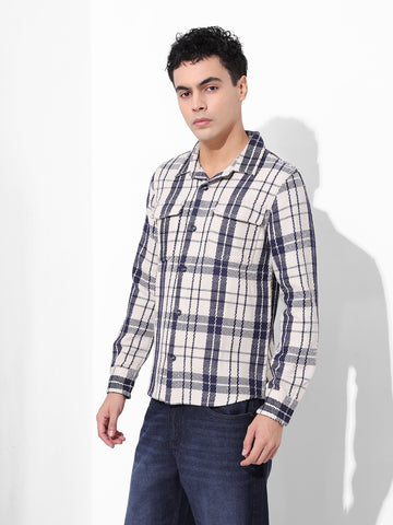 Men's Navy Blue Regular Fit Checked Casual Shirt