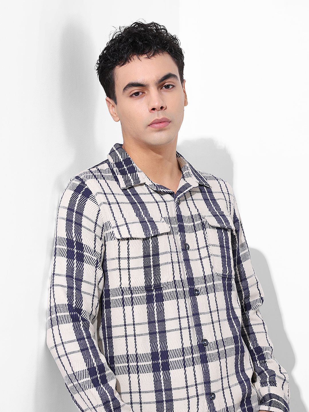 Men's Navy Blue Regular Fit Checked Casual Shirt