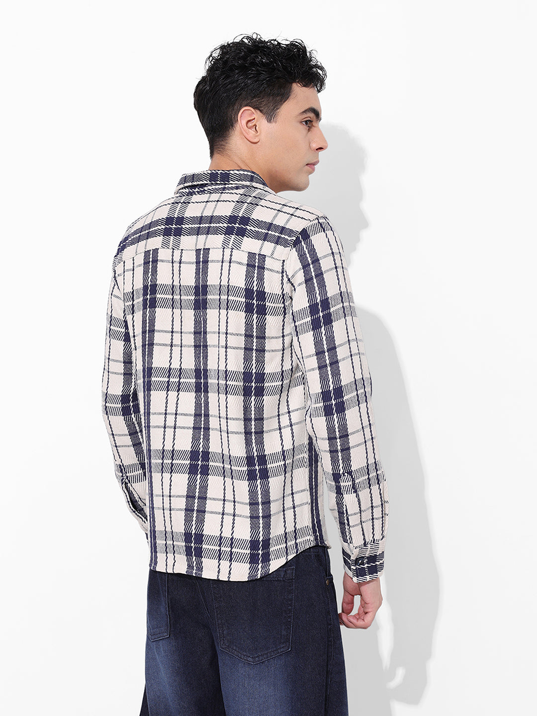 Men's Navy Blue Regular Fit Checked Casual Shirt
