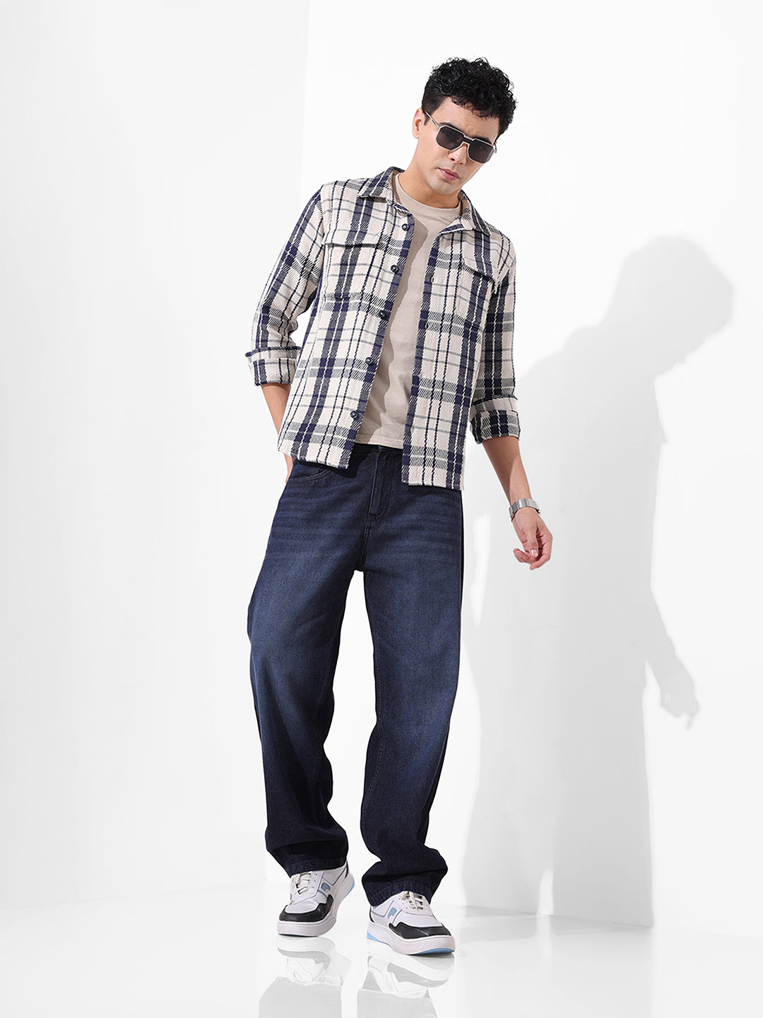 Men's Navy Blue Regular Fit Checked Casual Shirt