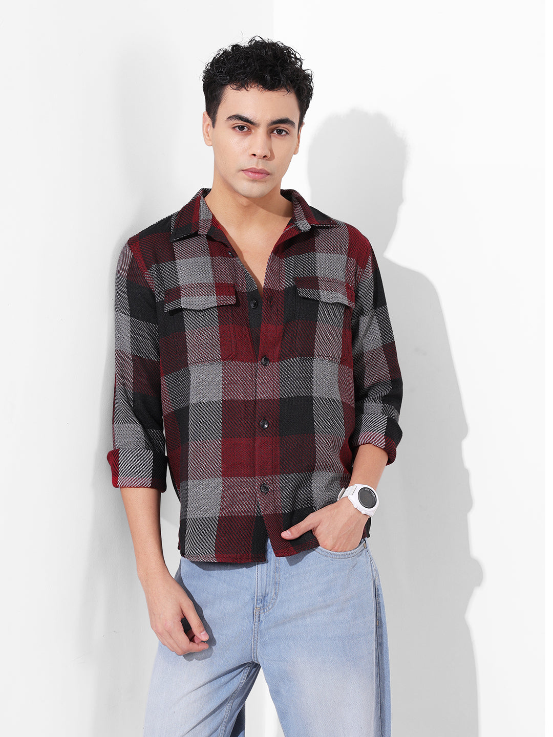 Men's Maroon Regular Fit Checked Casual Shirt