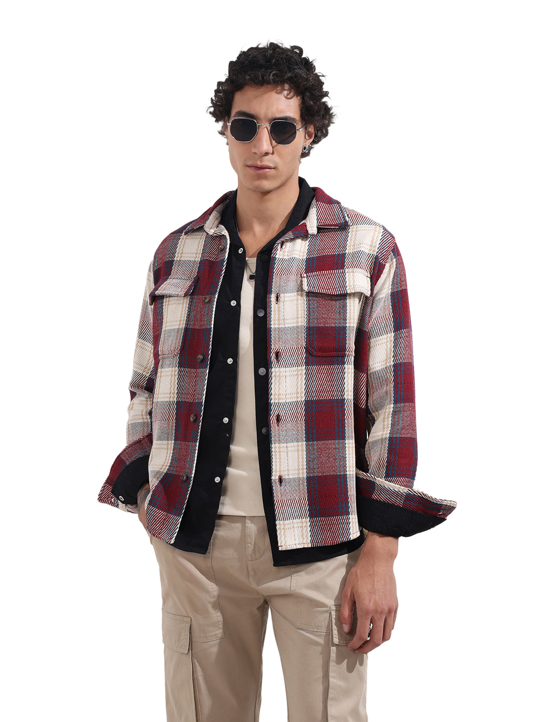 Men's Maroon Regular Fit Checked Casual Shirt