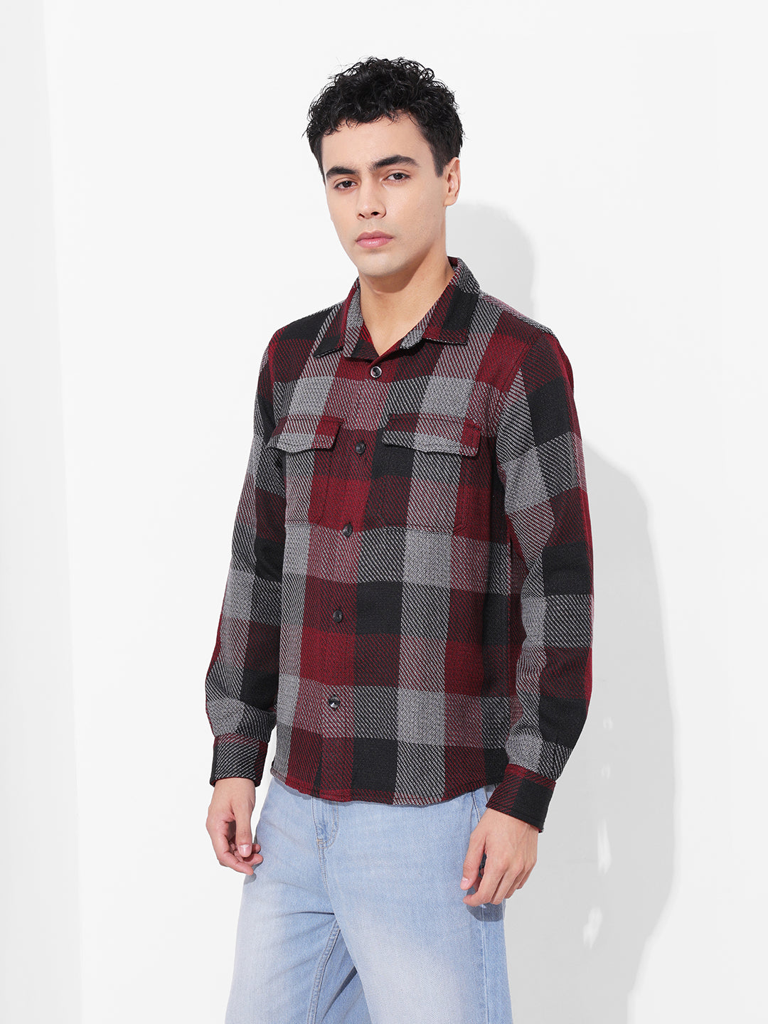 Men's Maroon Regular Fit Checked Casual Shirt
