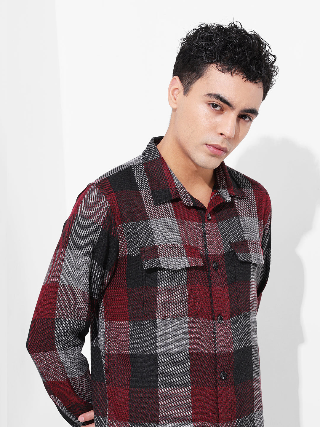 Men's Maroon Regular Fit Checked Casual Shirt