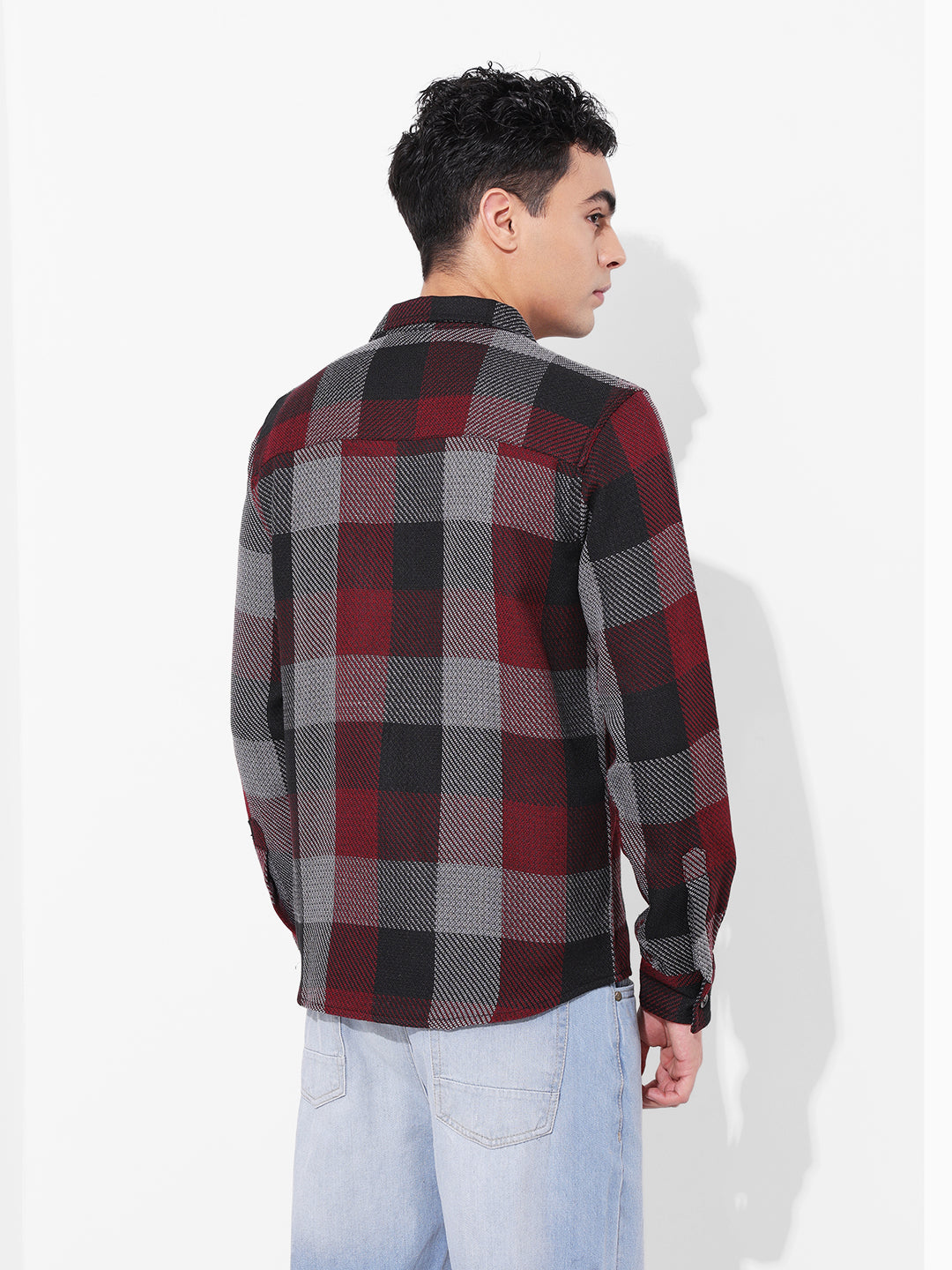 Men's Maroon Regular Fit Checked Casual Shirt