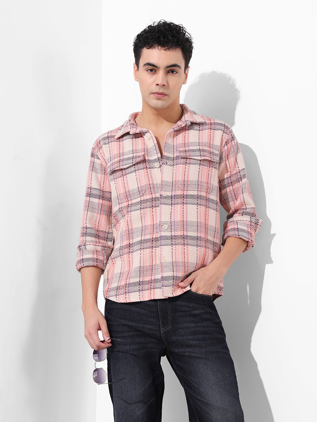 Men's Orange Regular Fit Checked Casual Shirt