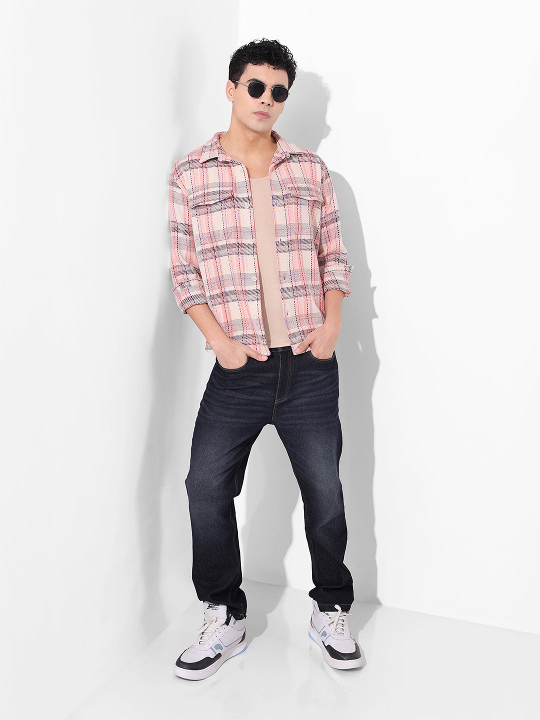 Men's Orange Regular Fit Checked Casual Shirt