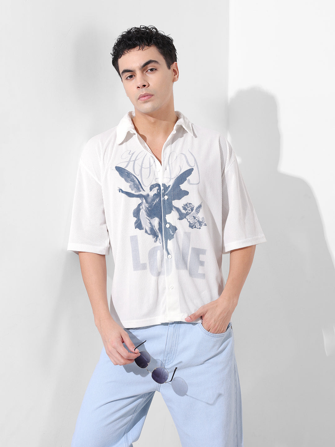Men's White Boxy Fit Graphic Street Shirt
