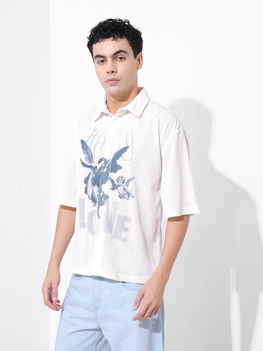 Men's White Boxy Fit Graphic Street Shirt