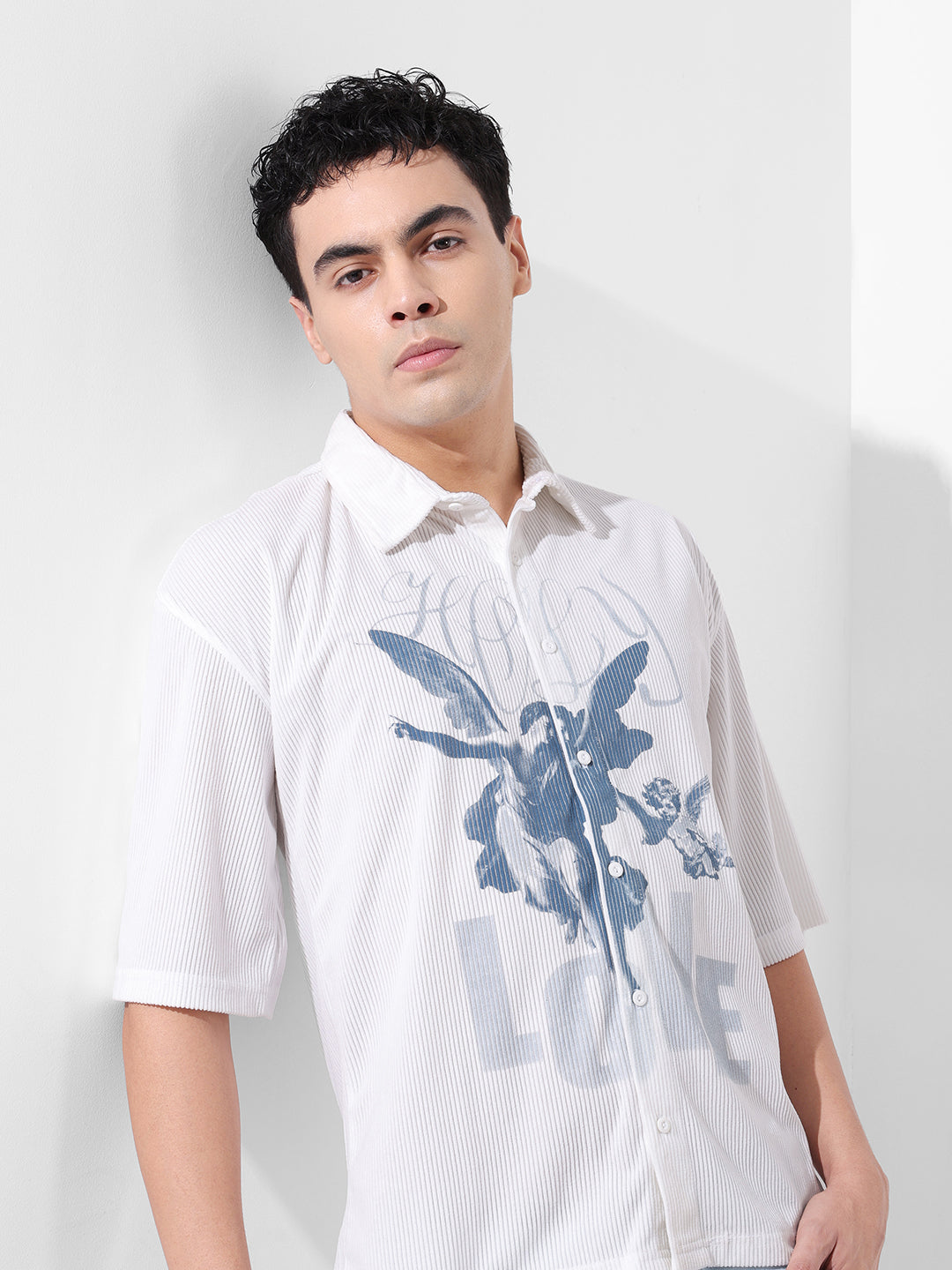 Men's White Boxy Fit Graphic Street Shirt