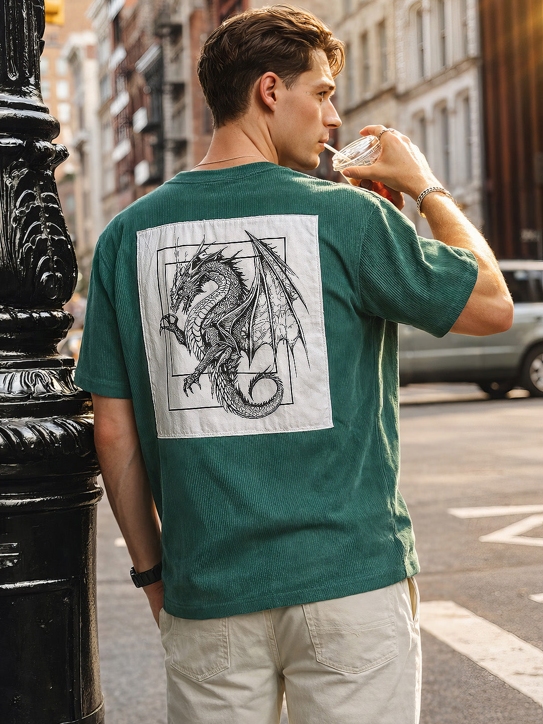 Men's Dark Green Boxy Fit Graphic Printed Street Wear Topwear