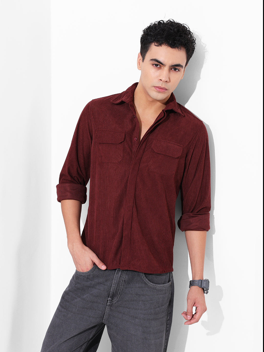 Men's Maroon Regular Fit Solid Casual Shirt