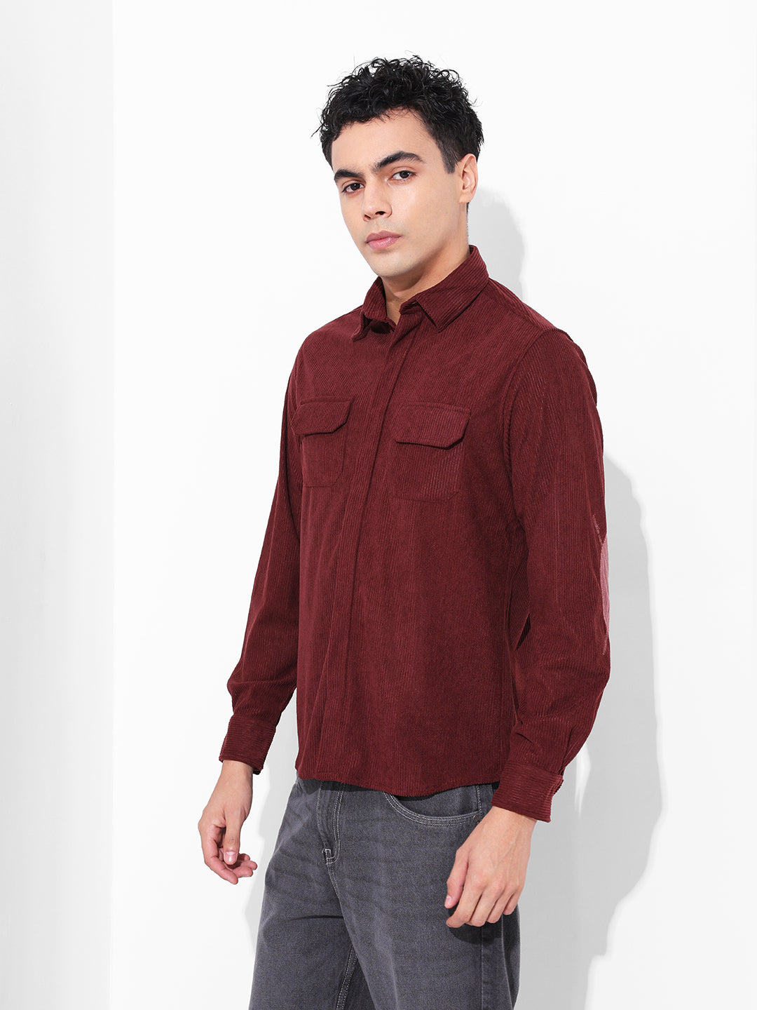 Men's Maroon Regular Fit Solid Casual Shirt