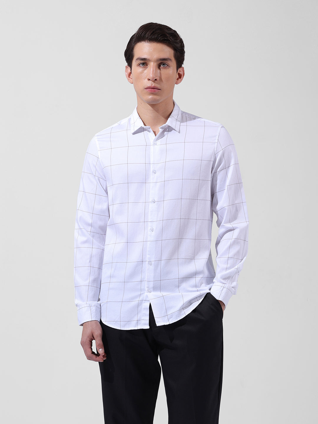 Men's White Slim Fit Checked Casual Shirt