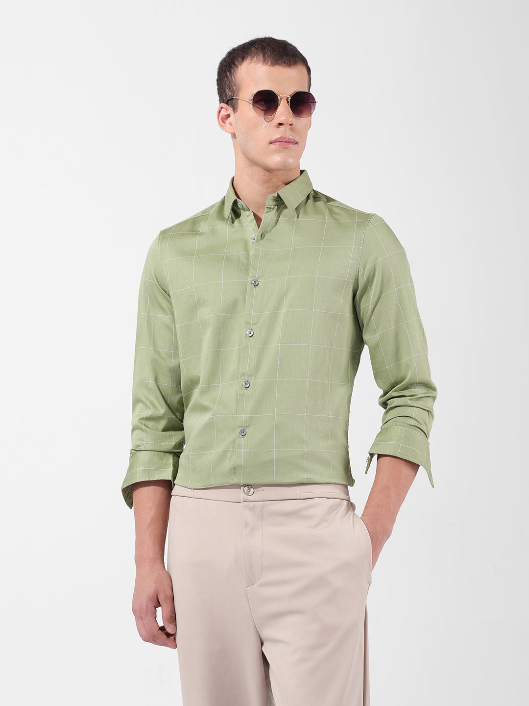 Men's Green Slim Fit Checked Casual Shirt