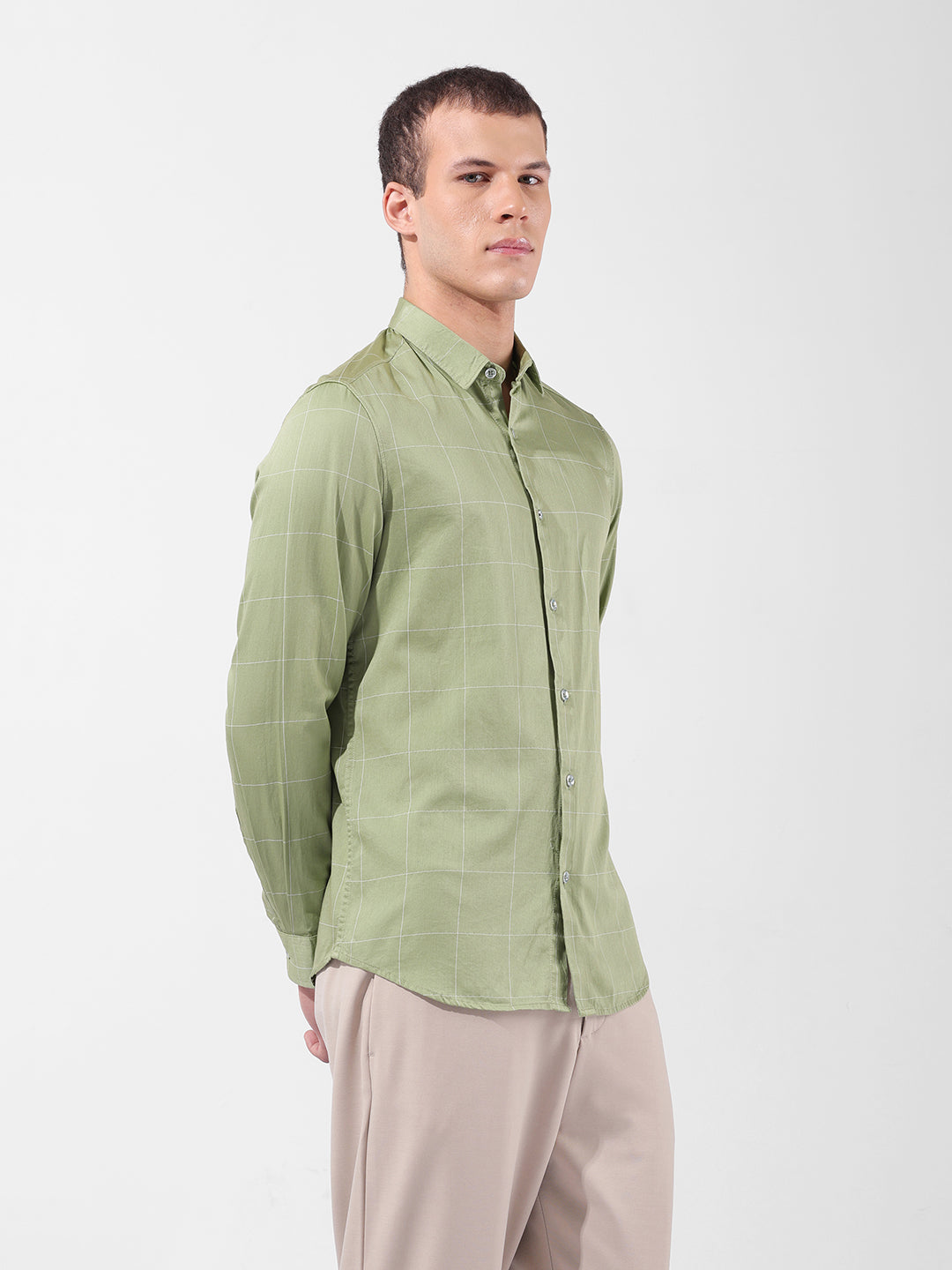 Men's Green Slim Fit Checked Casual Shirt