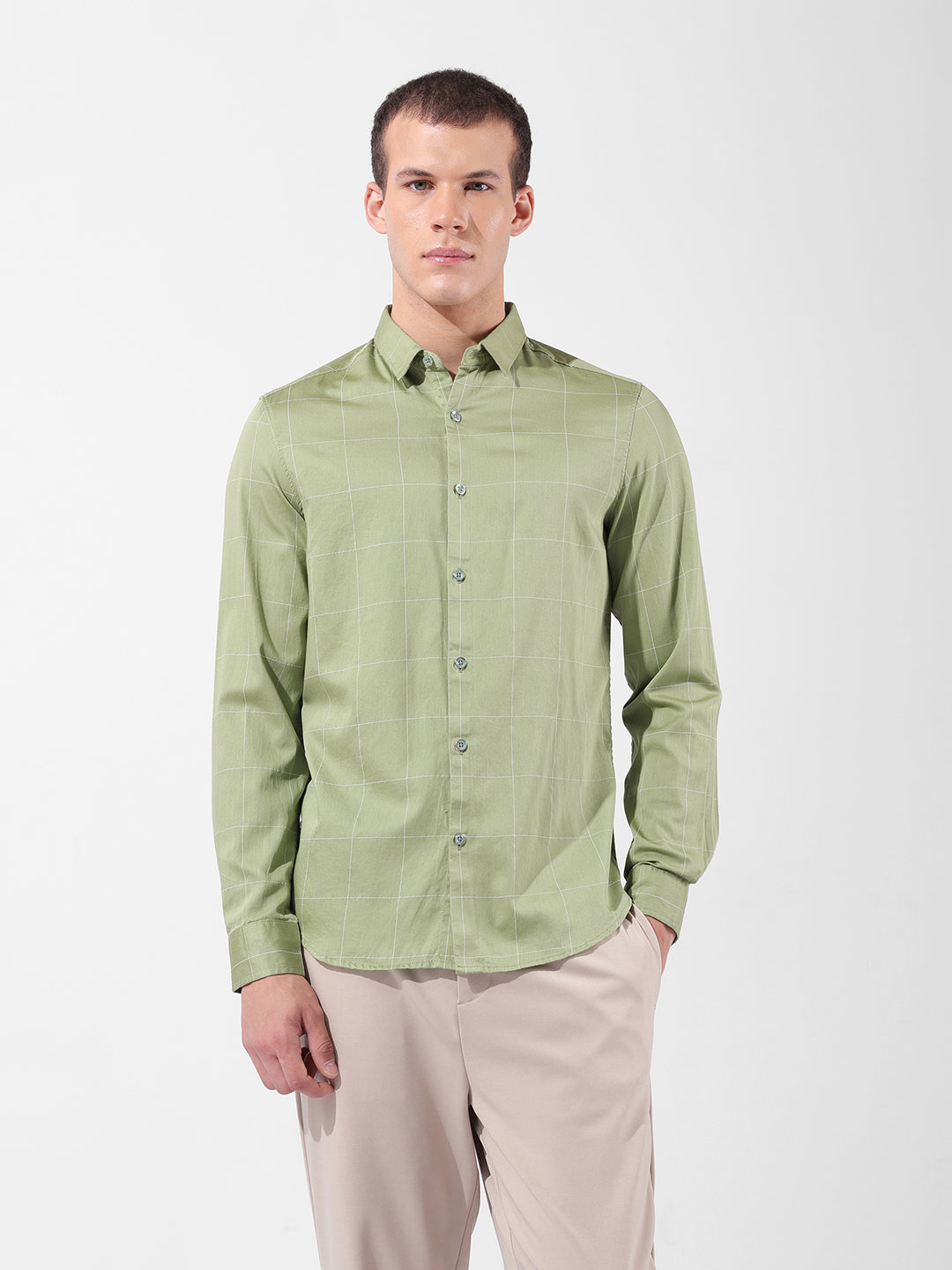 Men's Green Slim Fit Checked Casual Shirt
