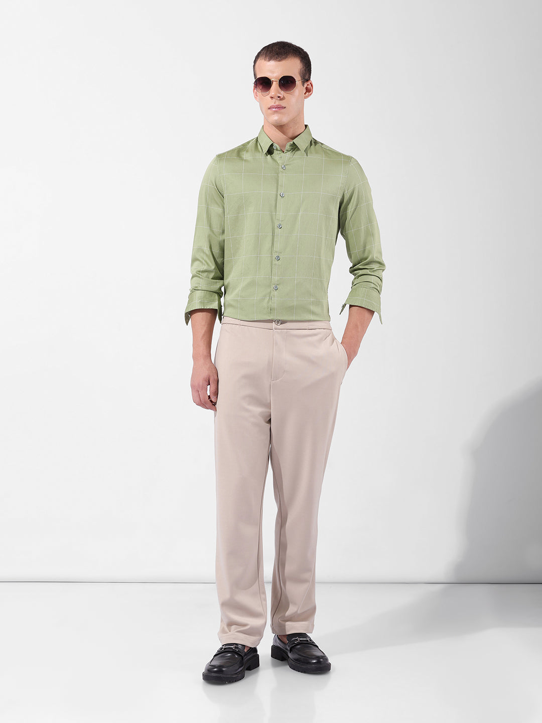 Men's Green Slim Fit Checked Casual Shirt