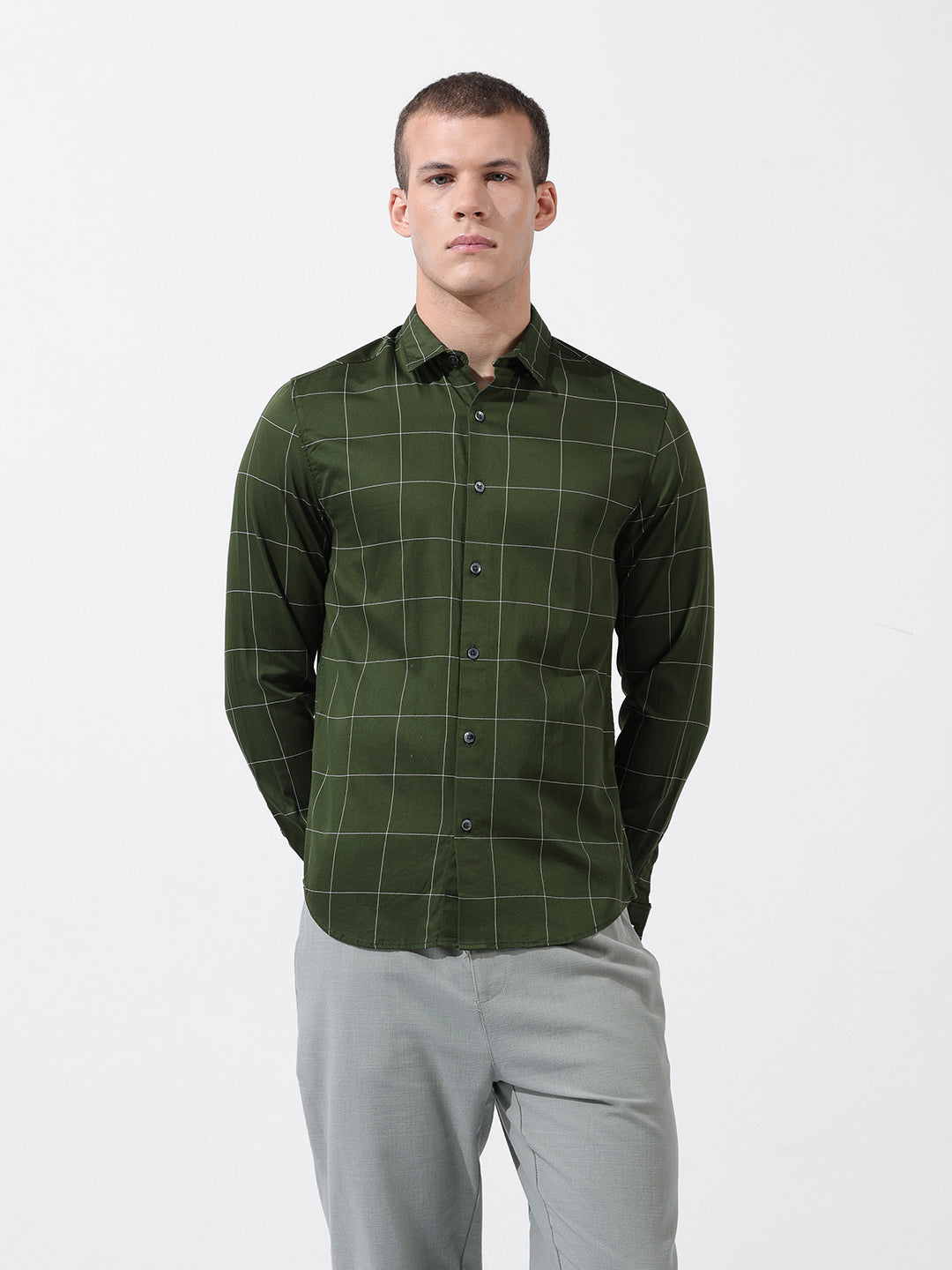 Men's Olive Slim Fit Checked Casual Shirt