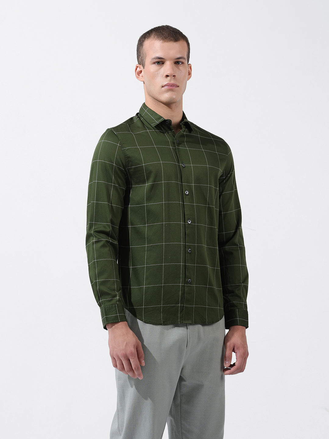 Men's Olive Slim Fit Checked Casual Shirt