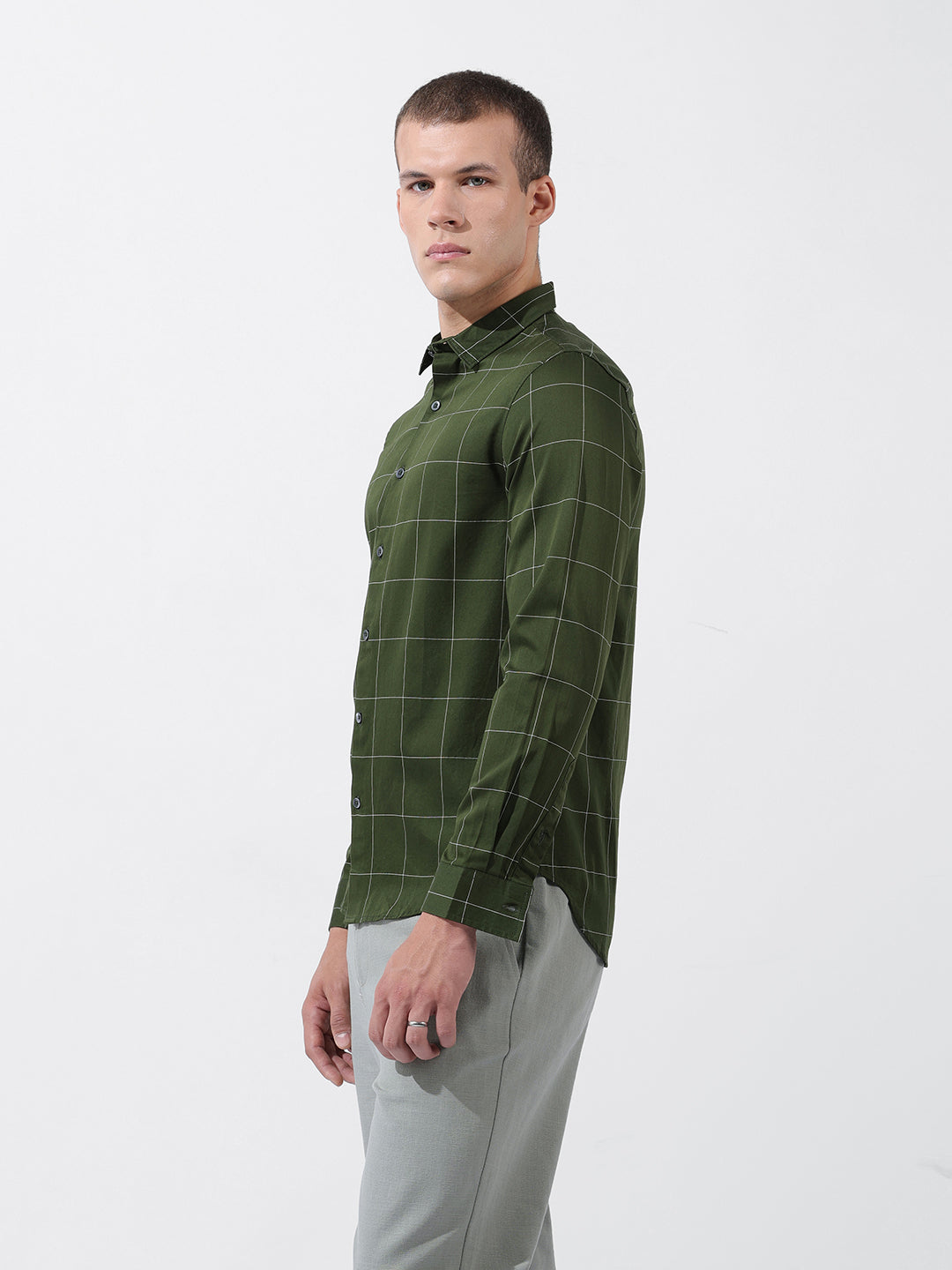 Men's Olive Slim Fit Checked Casual Shirt