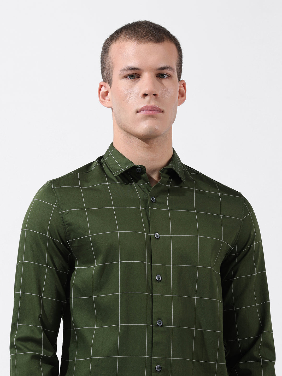 Men's Olive Slim Fit Checked Casual Shirt