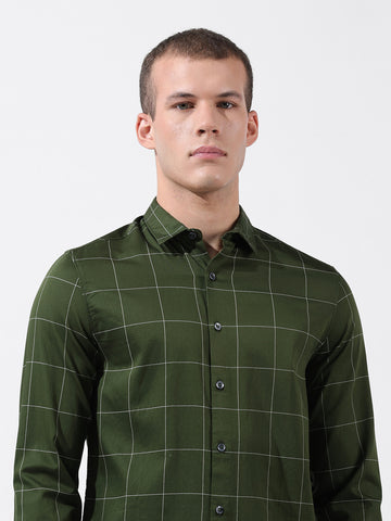 Men's Olive Slim Fit Checked Casual Shirt